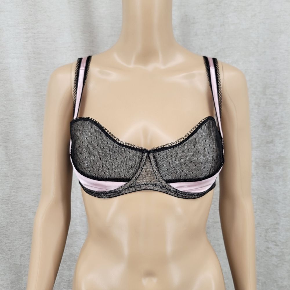 Jezebel Y2K Coquette Girl Black Swiss Dot Mesh and Pink Satin Women's Bra